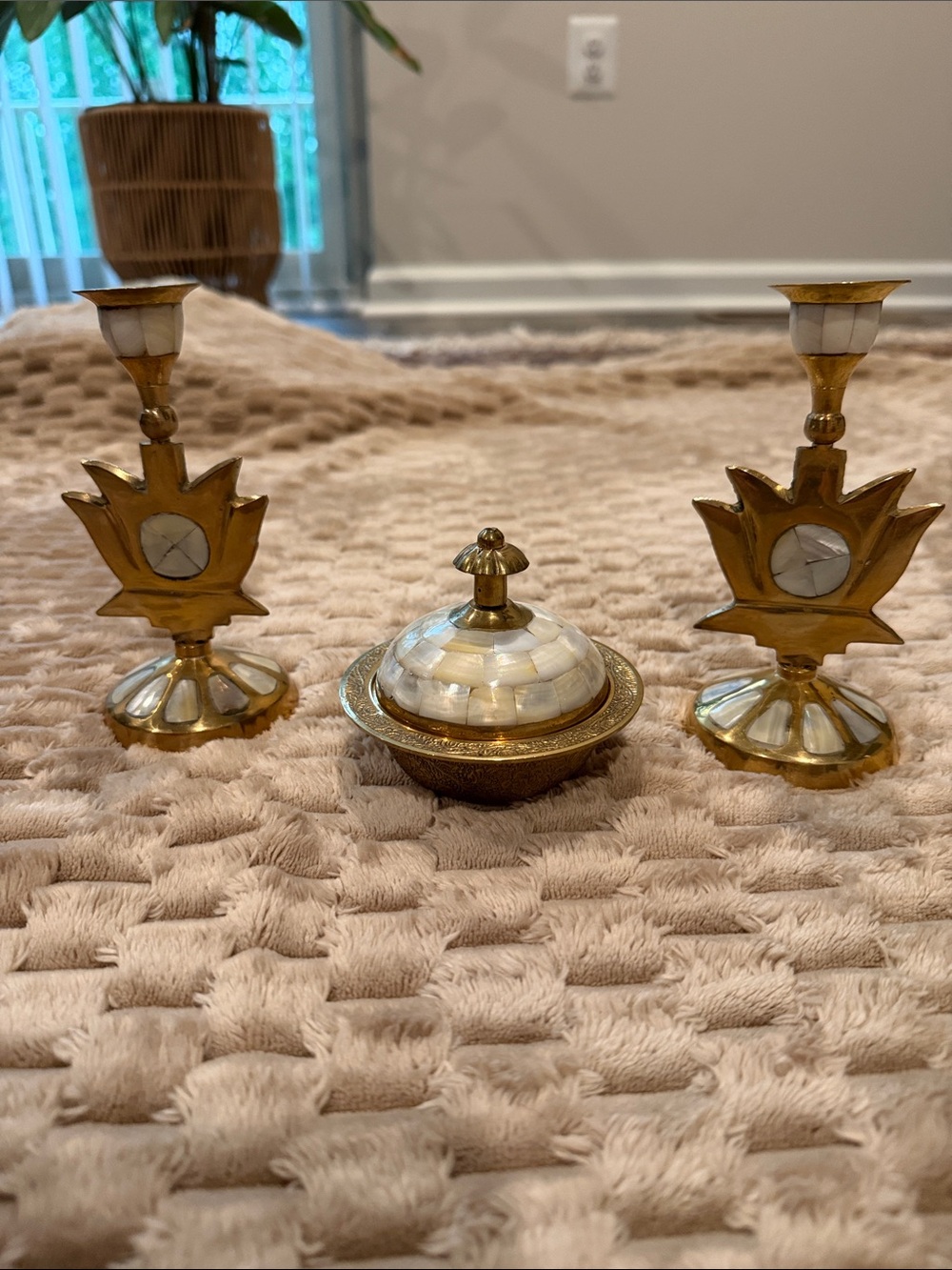 Brass and White Mother-of-Pearl Candle Holders with Covered Trinket Box